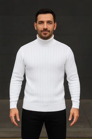 Erkek Fitilli Triko Kazak 3lÜ Set Beyaz Bordo Siyah Regular Balıkcı Yaka Tam Boğazlı Triko Seti Modeli Kazak