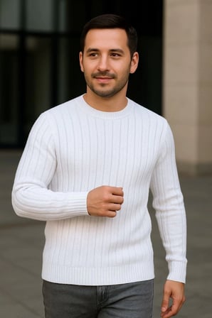 Erkek Fitilli Triko Kazak 3lü Set Beyaz Bordo Siyah Regular Fit Bisiklet Yaka Triko Seti