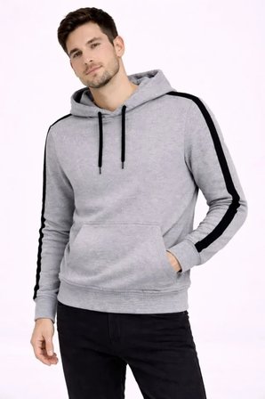 Erkek Şeritli Kapüşonlu Sweatshirt Oversize 3 Iplik Pamuklu - Gri