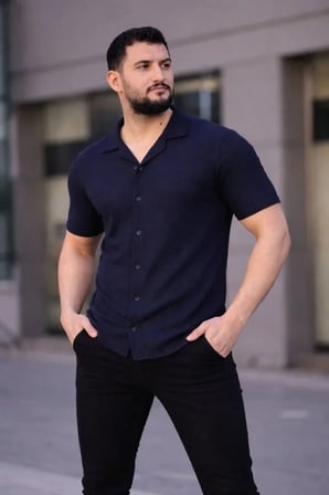 Erkek Waffle Dokuma Açık Yakalı Düğmeli Regular Kalıp 3’lü Gömlek Seti - Siyah, Haki, Lacivert