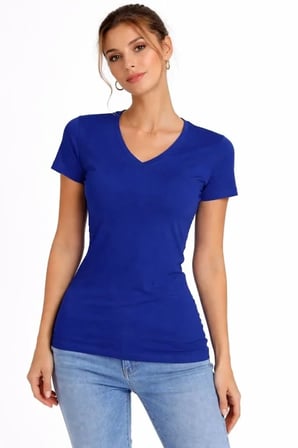 2li V Yaka Tişört – Kısa Kollu Yazlık Slim Fit Body - Saks Mavisi - Ekru
