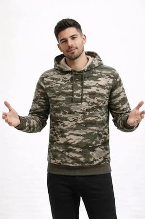 Erkek Kamuflaj Desenli 2 İplik 4 Mevsim Kapüşonlu Kanguru Cepli Hoodie Sweatshirt - Kamuflaj