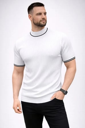 Erkek Fitilli Triko Dokuma Kısa Kol Tişört Yarım Boğaz Modern Yazlık T-Shirt - Beyaz