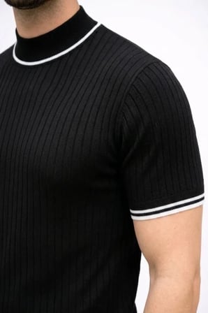 Erkek Fitilli Triko Dokuma Kısa Kol Tişört Yarım Boğaz Modern Yazlık T-Shirt - Siyah