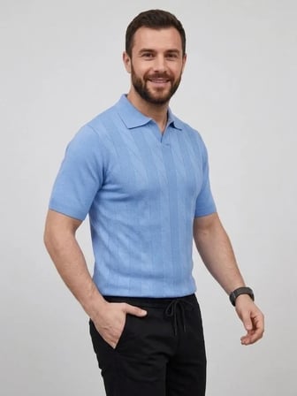 Erkek Yazlık Triko Dokuma Tişört Kısa Kol Polo Yaka T-Shirt - Bebek Mavisi
