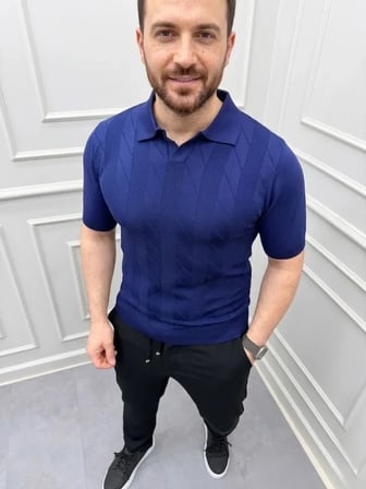 Erkek Yazlık Triko Dokuma Tişört Kısa Kol Polo Yaka T-Shirt - Lacivert