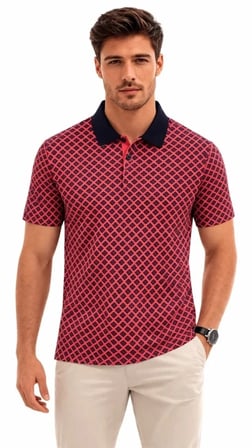 Erkek Pike Kumaş Polo Yaka Desenli Tişört Kısa Kol Yazlık T-Shirt - Kırmızı