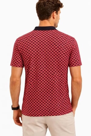 Erkek Pike Kumaş Polo Yaka Desenli Tişört Kısa Kol Yazlık T-Shirt - Kırmızı