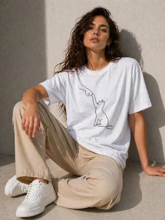 Minimal Kedi Çizim Baskılı Tişört Kısa Kol Yazlık T-Shirt - Beyaz