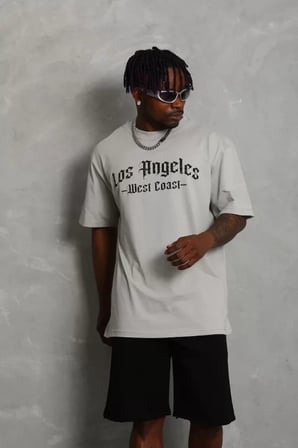 Unisex Oversize Baskılı Bisiklet Yaka T-Shirt - Gri