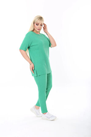 Kadın Kısa Kollu Beli Lastikli Yırtmaçlı Rahat Kalıp İkili Pijama Takım