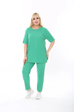 Kadın Kısa Kollu Beli Lastikli Yırtmaçlı Rahat Kalıp İkili Pijama Takım