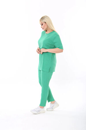 Kadın Kısa Kollu Beli Lastikli Yırtmaçlı Rahat Kalıp İkili Pijama Takım