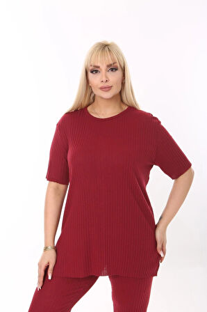 Kadın Kısa Kollu Beli Lastikli Yırtmaçlı Rahat Kalıp İkili Pijama Takım