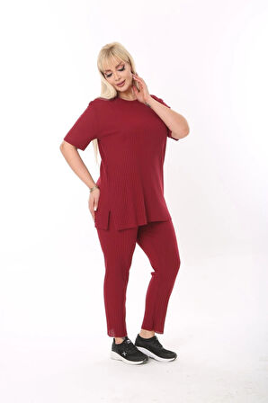 Kadın Kısa Kollu Beli Lastikli Yırtmaçlı Rahat Kalıp İkili Pijama Takım