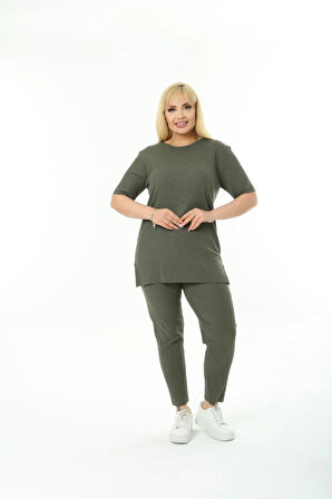 Kadın Kısa Kollu Beli Lastikli Yırtmaçlı Rahat Kalıp İkili Pijama Takım