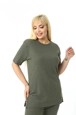 Kadın Kısa Kollu Beli Lastikli Yırtmaçlı Rahat Kalıp İkili Pijama Takım