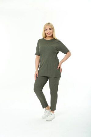 Kadın Kısa Kollu Beli Lastikli Yırtmaçlı Rahat Kalıp İkili Pijama Takım