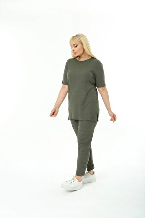 Kadın Kısa Kollu Beli Lastikli Yırtmaçlı Rahat Kalıp İkili Pijama Takım