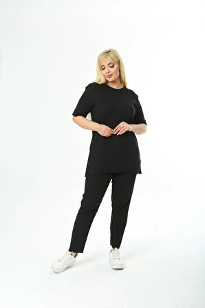 Kadın Kısa Kollu Beli Lastikli Yırtmaçlı Rahat Kalıp İkili Pijama Takım