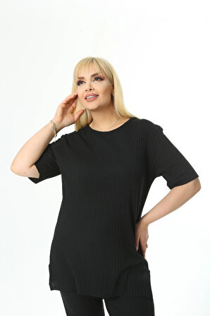 Kadın Kısa Kollu Beli Lastikli Yırtmaçlı Rahat Kalıp İkili Pijama Takım