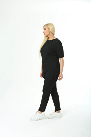 Kadın Kısa Kollu Beli Lastikli Yırtmaçlı Rahat Kalıp İkili Pijama Takım