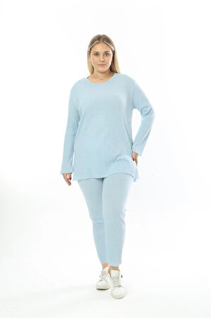 Büyük Beden Uzun Kollu Yüksek Bel Beli Lastikli Yırtmaçlı İnce Pijama Takım