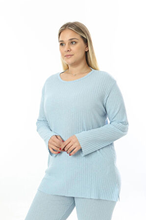 Büyük Beden Uzun Kollu Yüksek Bel Beli Lastikli Yırtmaçlı İnce Pijama Takım