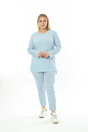 Büyük Beden Uzun Kollu Yüksek Bel Beli Lastikli Yırtmaçlı İnce Pijama Takım