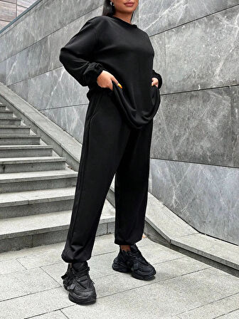 Kadın Büyük Beden Düz Siyah İkiiplik Cepli Uzun Kol Eşofman Takımı