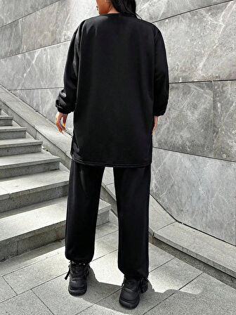 Kadın Büyük Beden Düz Siyah İkiiplik Cepli Uzun Kol Eşofman Takımı