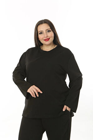 Kadın Büyük Beden Düz Siyah İkiiplik Cepli Uzun Kol Eşofman Takımı