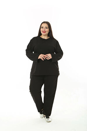 Kadın Büyük Beden Düz Siyah İkiiplik Cepli Uzun Kol Eşofman Takımı