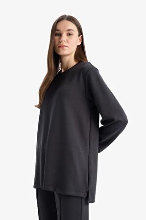 Regular Fit Bisiklet Yaka Basic Düz Siyah Sweatshirt Tunik