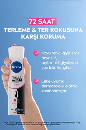 Nivea Kadın Sprey Deodorant Black&White Invisible Clear 150ml, 72 Saat Anti-perspirant Ter Koruması