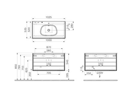 VitrA Frame 61233 Lavabo Dolabı Çift Çekmeceli, Etajerli Lavabolu 100cm, Mat S.Siyah - H. Siyah Meşe