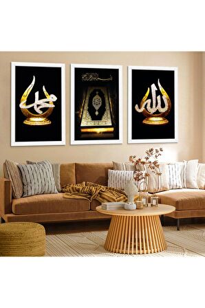 Gümüş Aynalı Pleksi Çerçeveli Siyah Beyaz Modern Üçlü Mdf Tablo Seti