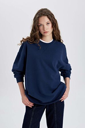 DeFacto Oversize Geniş Kalıp Bisiklet Yaka Kalın Basic Düz Uzun Kollu Tişört C4576AX24SMNV241