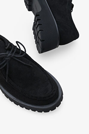 Kadın Loafer Kalın Taban Bağcıklı Günlük Ayakkabı Ferisley Siyah Süet