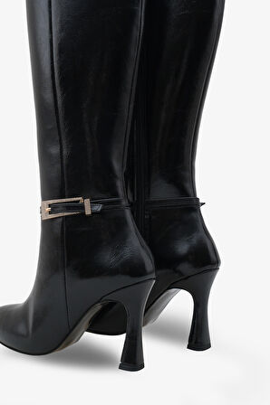 Kadın Tokalı Yandan Fermuarlı Topuklu Sivri Burun Günlük Çizme Kilves Siyah