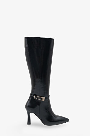 Kadın Tokalı Yandan Fermuarlı Topuklu Sivri Burun Günlük Çizme Kilves Siyah