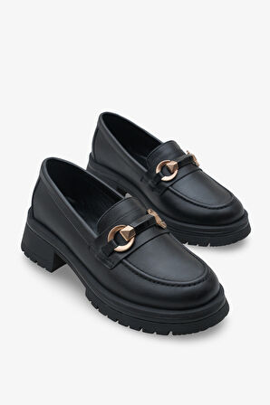 Kadın Hakiki Deri Loafer Gold Tokalı Yüksek Taban Günlük Ayakkabı Kyles Siyah