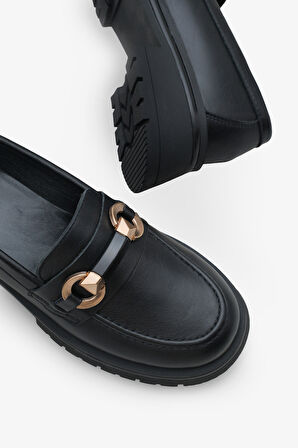 Kadın Hakiki Deri Loafer Gold Tokalı Yüksek Taban Günlük Ayakkabı Kyles Siyah