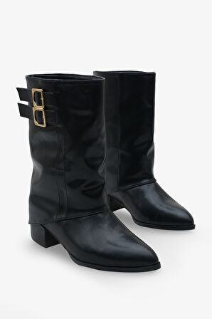 Kadın Çift Kemer Tokalı Sivri Burun Topuklu Günlük Bot Magris Siyah