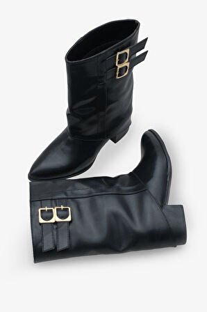 Kadın Çift Kemer Tokalı Sivri Burun Topuklu Günlük Bot Magris Siyah