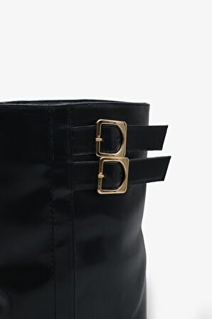 Kadın Çift Kemer Tokalı Sivri Burun Topuklu Günlük Bot Magris Siyah