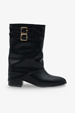 Kadın Çift Kemer Tokalı Sivri Burun Topuklu Günlük Bot Magris Siyah