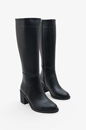 Kadın Diz Altı Yandan Fermuarlı Topuklu Günlük Çizme Micasso Siyah