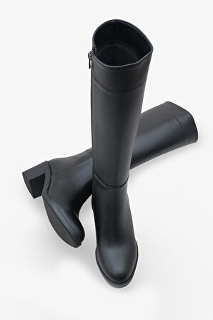 Kadın Diz Altı Yandan Fermuarlı Topuklu Günlük Çizme Micasso Siyah