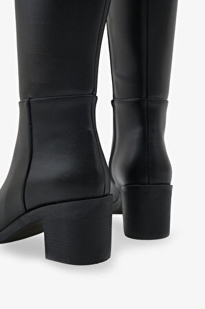 Kadın Diz Altı Yandan Fermuarlı Topuklu Günlük Çizme Micasso Siyah